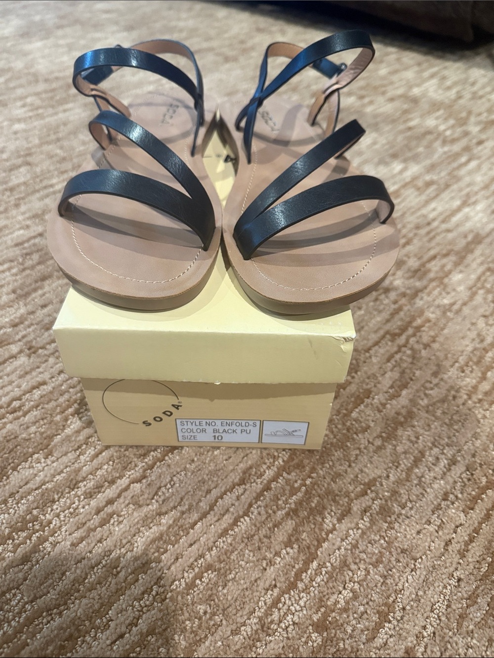 Soda Black Strappy Flat Sandals with Tan Footbed